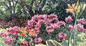 Pamela Grabber watercolor, Lilies Phlox