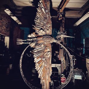 John Pahlas' steel sculpture of a heron (in studio, in progress)