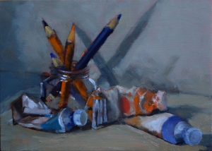 Jane Varda's oil painting, this painting of her artist's tools/medium was a demo painting